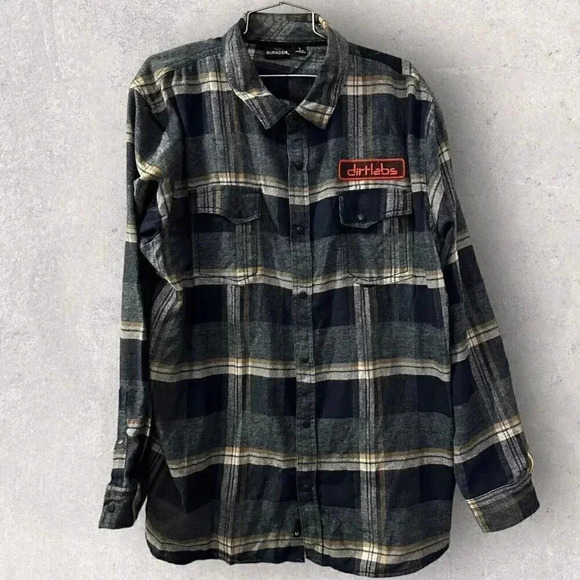 Burnside Shirt Men's Large Blue Plaid Flannel Button Front Patch dirtlabs Adult - Picture 4 of 16